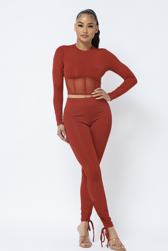 rust colored Rib and Mesh Contrast Corset Style Binding Trim Detail Long Sleeve Crop Top and Side Tunnel Shirring Tie Leggings Set