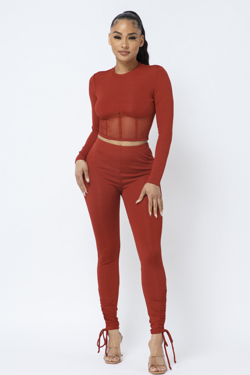 rust colored Rib and Mesh Contrast Corset Style Binding Trim Detail Long Sleeve Crop Top and Side Tunnel Shirring Tie Leggings Set