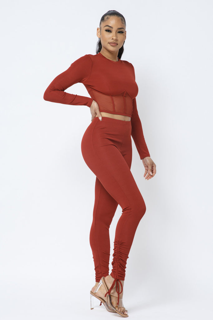 rust colored Rib and Mesh Contrast Corset Style Binding Trim Detail Long Sleeve Crop Top and Side Tunnel Shirring Tie Leggings Set