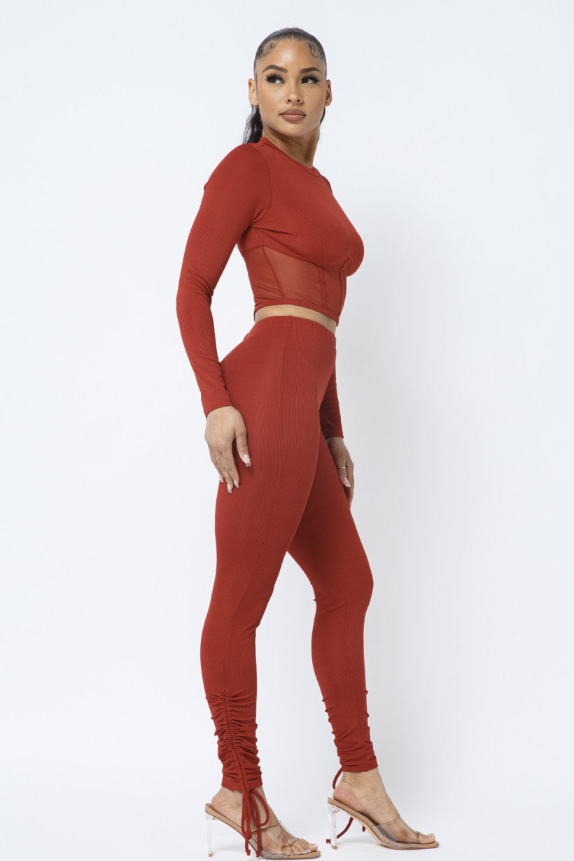 rust colored Rib and Mesh Contrast Corset Style Binding Trim Detail Long Sleeve Crop Top and Side Tunnel Shirring Tie Leggings Set