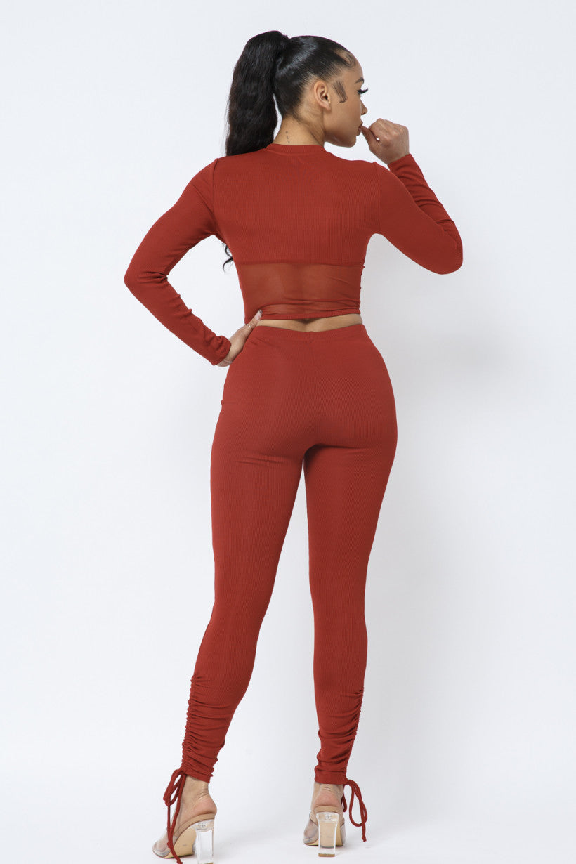 rust colored Rib and Mesh Contrast Corset Style Binding Trim Detail Long Sleeve Crop Top and Side Tunnel Shirring Tie Leggings Set