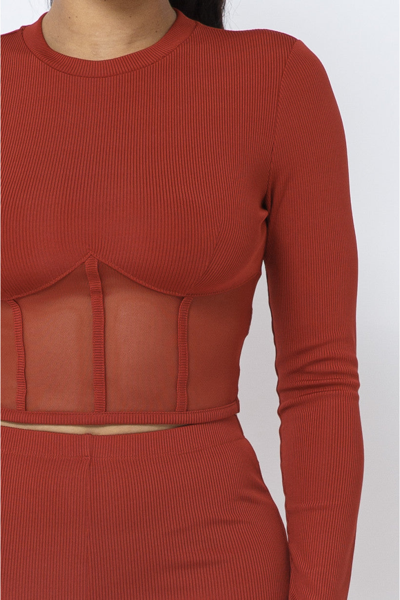 rust colored Rib and Mesh Contrast Corset Style Binding Trim Detail Long Sleeve Crop Top and Side Tunnel Shirring Tie Leggings Set